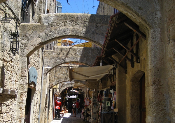 Narrow medieval streets in Rhodes Old City, Rhodes, Greece