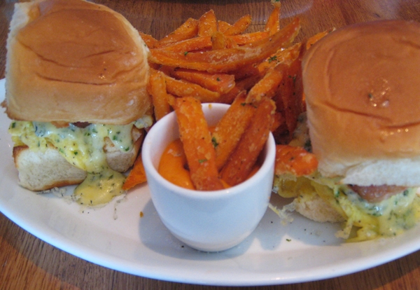 Bacon-egg-cheese sliders with sweet potato fries at Traif, NYC