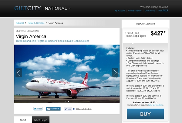 Virgin America Main Cabin Select Deal-Gilt City