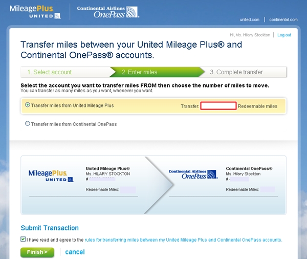 How to Transfer Expiring United MileagePlus Miles to Continental-Enter Number of Miles