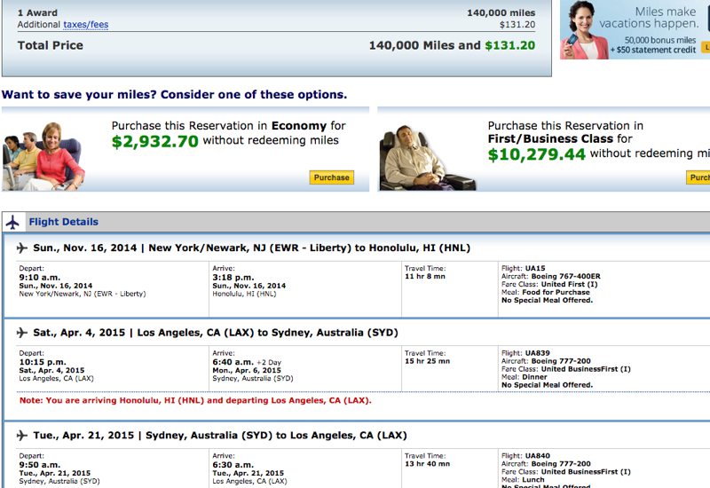 Free One Way to Hawaii with United Miles: EWR-HNL and LAX-SYD-LAX in United BusinessFirst