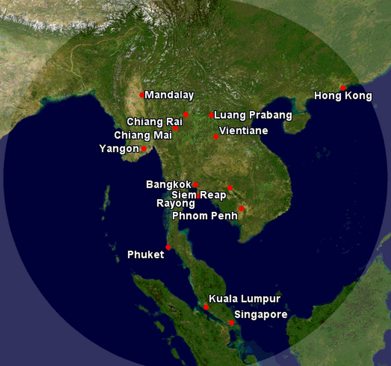 Bangkok Airways Awards with JAL Miles via SPG Points - Cities within 1000 miles of Bangkok
