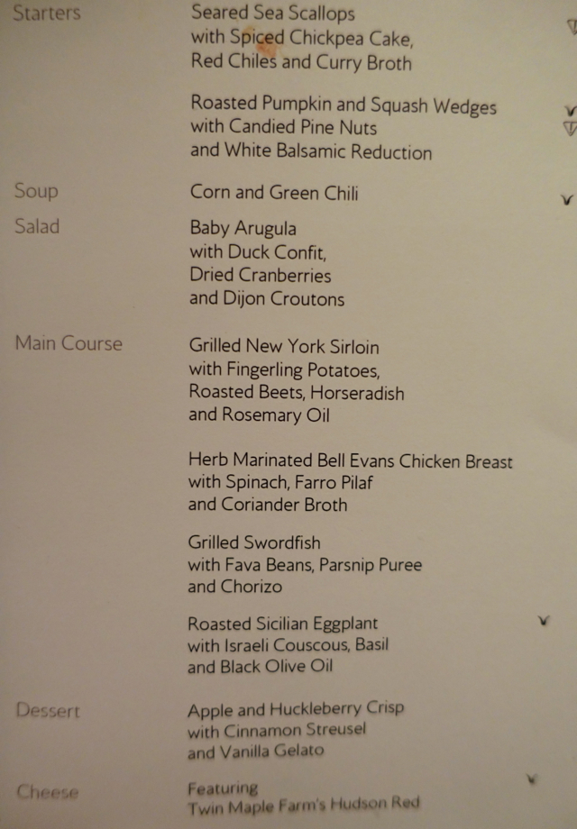 British Airways First Class Lounge Dinner Menu