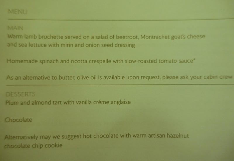 British Airways Business Class Dinner Menu