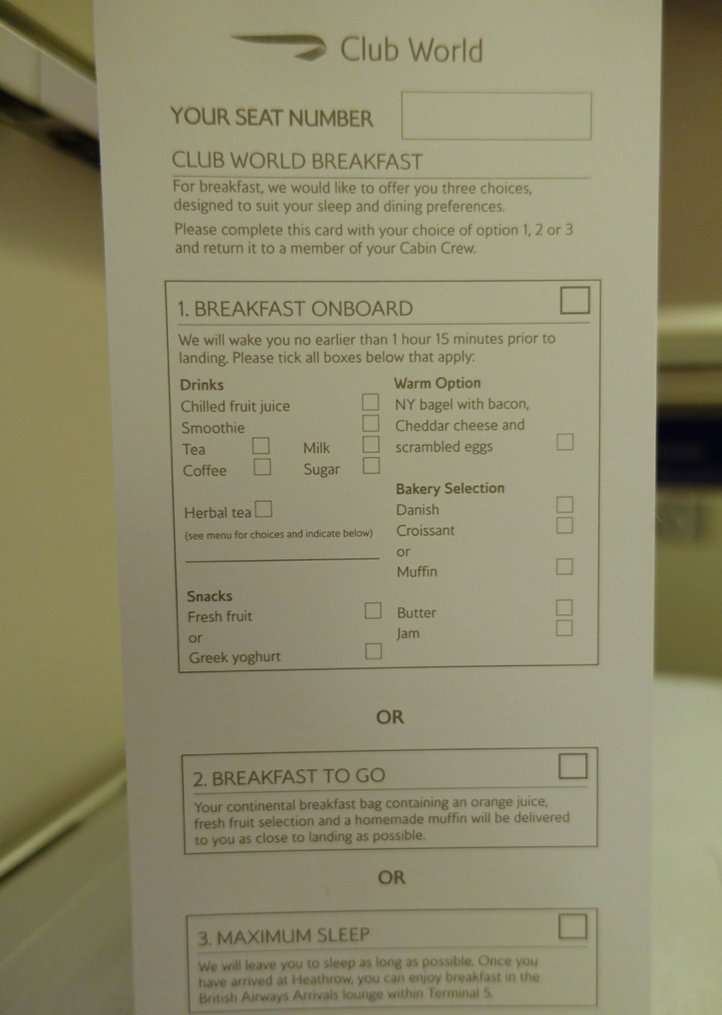 British Airways Business Class Club World Breakfast Card-Breakfast Menu