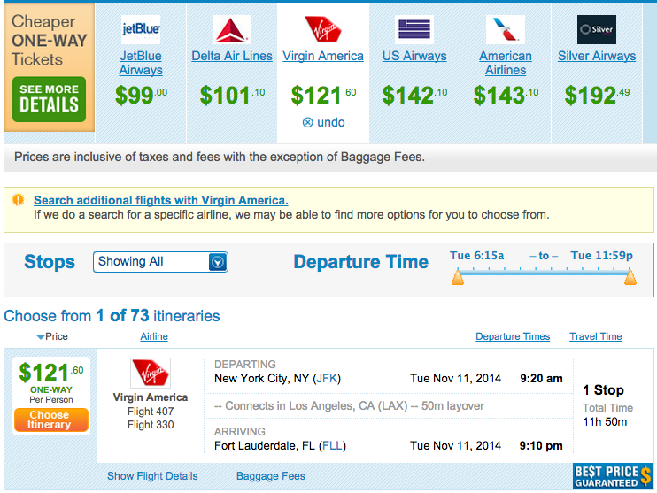 Virgin America JFK to LAX for $122 via Hidden City Ticketing