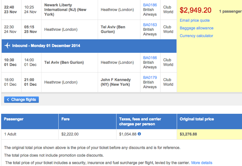 AARP $400 Discount and BA Visa 10% Discount Applied to Business Class