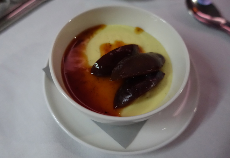 Qantas First Class A380 Review - Dessert-Baked Lemon Custard with Plum Compote