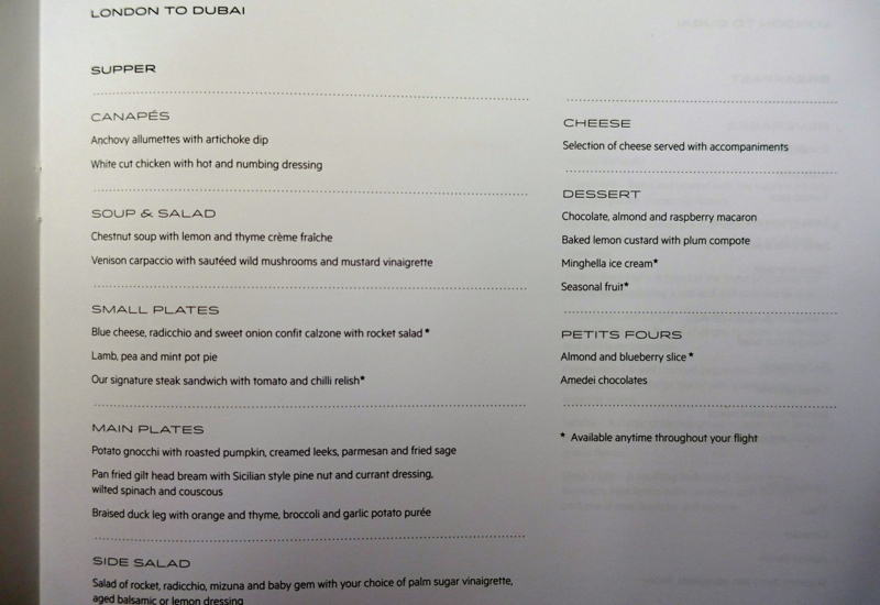 Qantas First Class A380 Menu