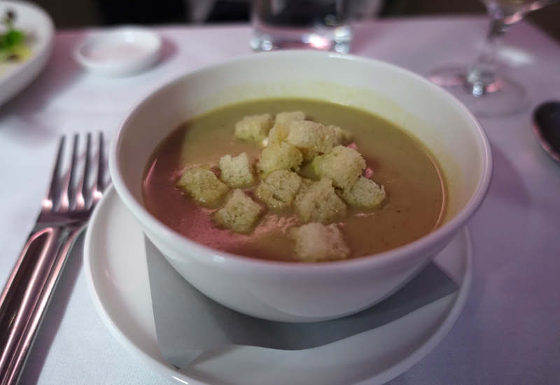 Qantas First Class A380 Review - Chestnut Soup with Croutons and Creme Fraiche