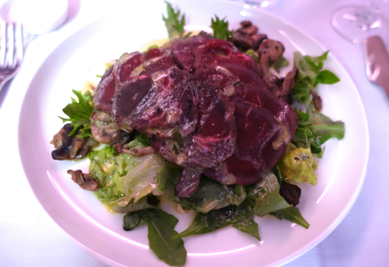 Qantas First Class A380 Review: Venison Carpaccio with Sauteed Wild Mushrooms