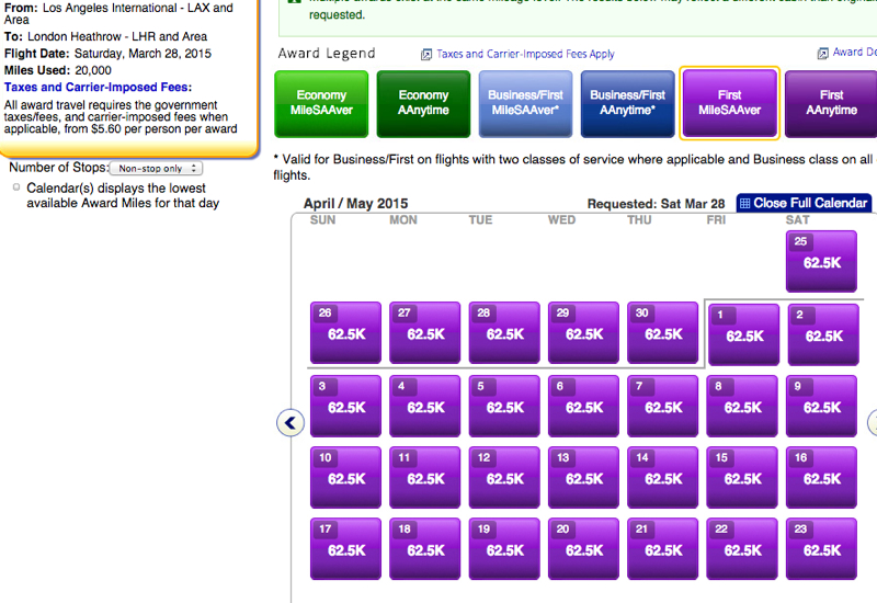 AA New First Class Award Availability Los Angeles to London Spring 2015 