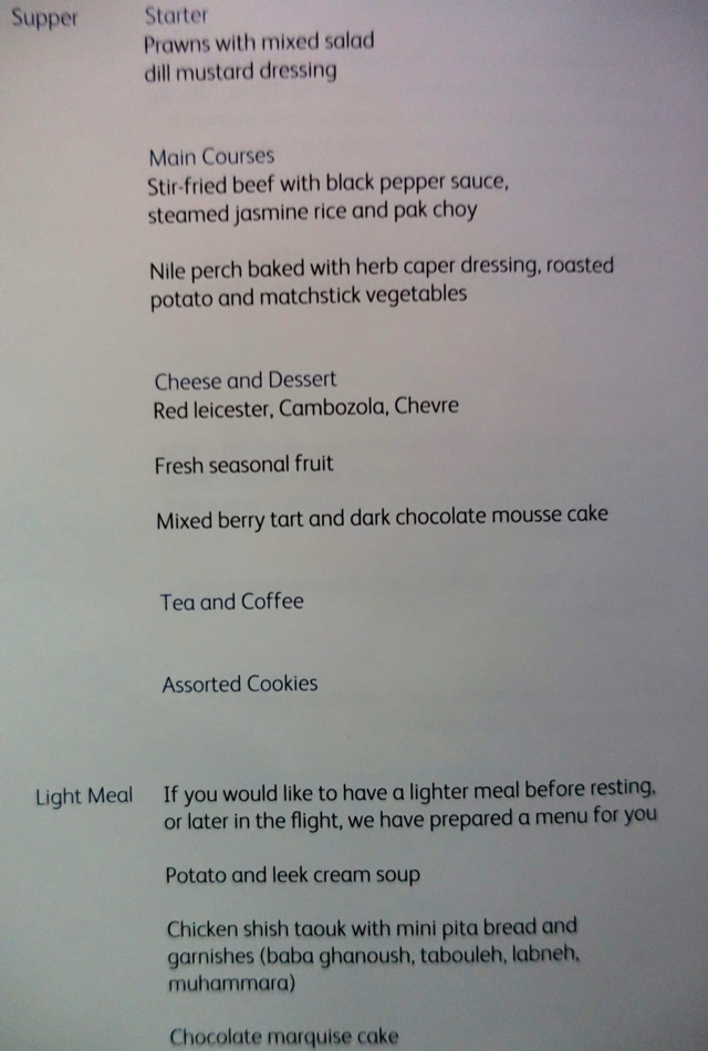 Cathay Pacific Business Class Supper Menu