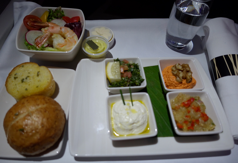 Cathay Pacific Business Class Review A330-Supper-Prawn Salad, Mezze Dips, Garlic Bread