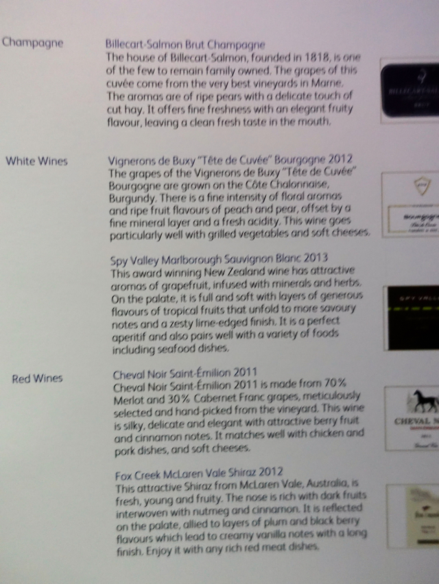 Cathay Pacific Business Class Champagne and Wine List