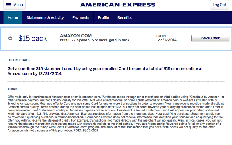 AMEX: Free $15 Amazon Spend Offer