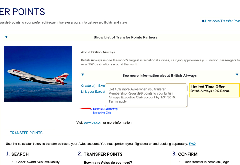40% AMEX Transfer Bonus to British Airways Avios