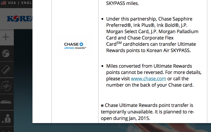 Korean Air Skypass Ultimate Rewards Transfer Return January 2015