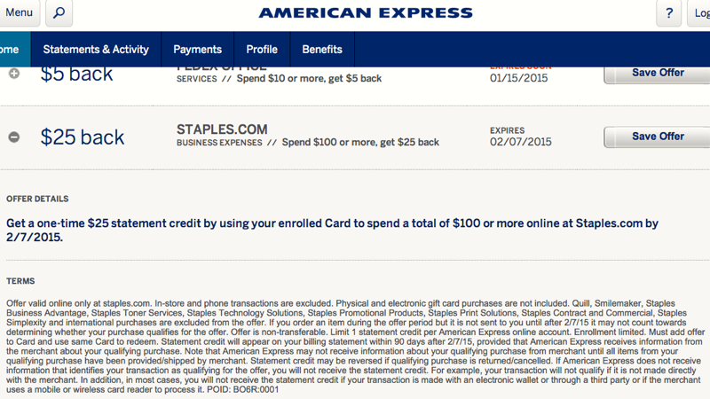 AMEX Staples Offer