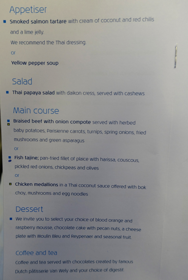 KLM Business Class Lunch Menu