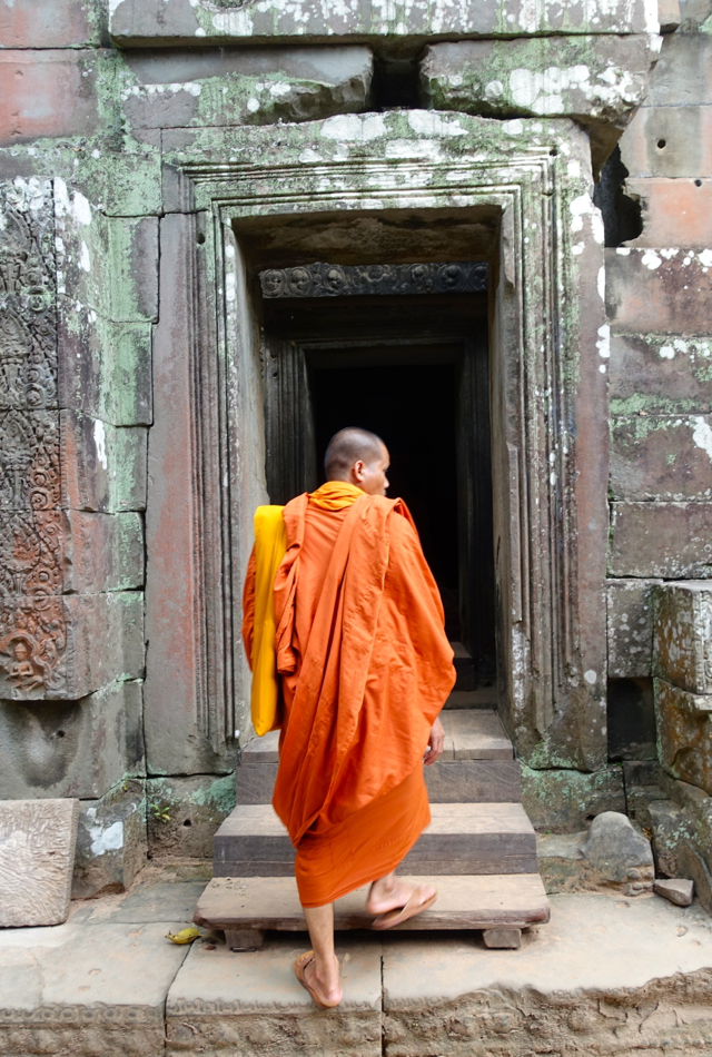 Buddhist Monk Visiting Angkor Temple Ta Prohm