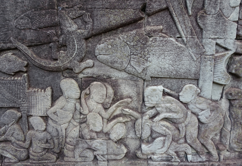 Cock Fighting Scene Depicted in Bayon Bas Relief Carvings