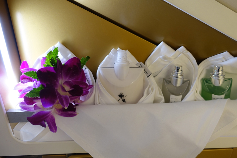 Thai A380 First Class Bathroom: Orchids and Bulgari Moisturizer, Eau de Toilette