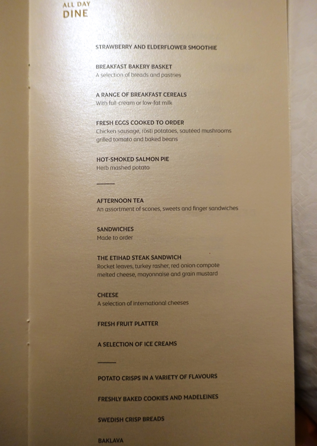 Etihad First Class Menu