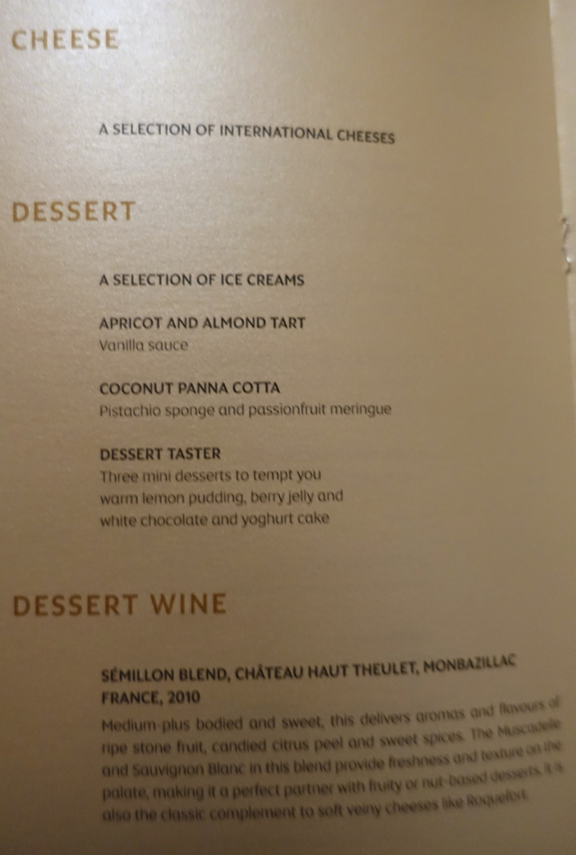 Etihad First Class Menu - Cheese and Desserts