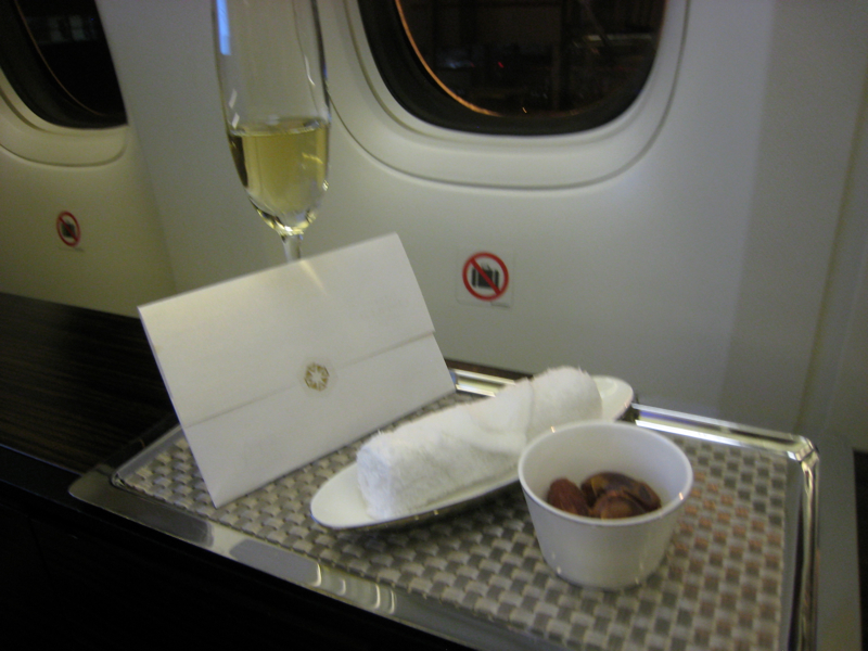 Review-Etihad First Class 777-300ER-Champagne, Refreshing Towel and Dates