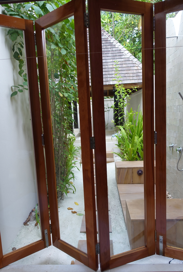 Conrad Maldives Review-Beach Villa Door to Outdoor Bathroom