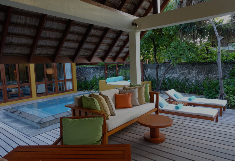 Beach Bungalow Outdoor Bale and Loungers, Four Seasons Maldives at Landaa Giraavaru