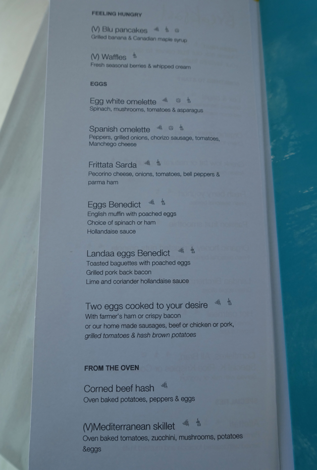 Blu Breakfast Menu, Four Seasons Maldives at Landaa Giraavaru