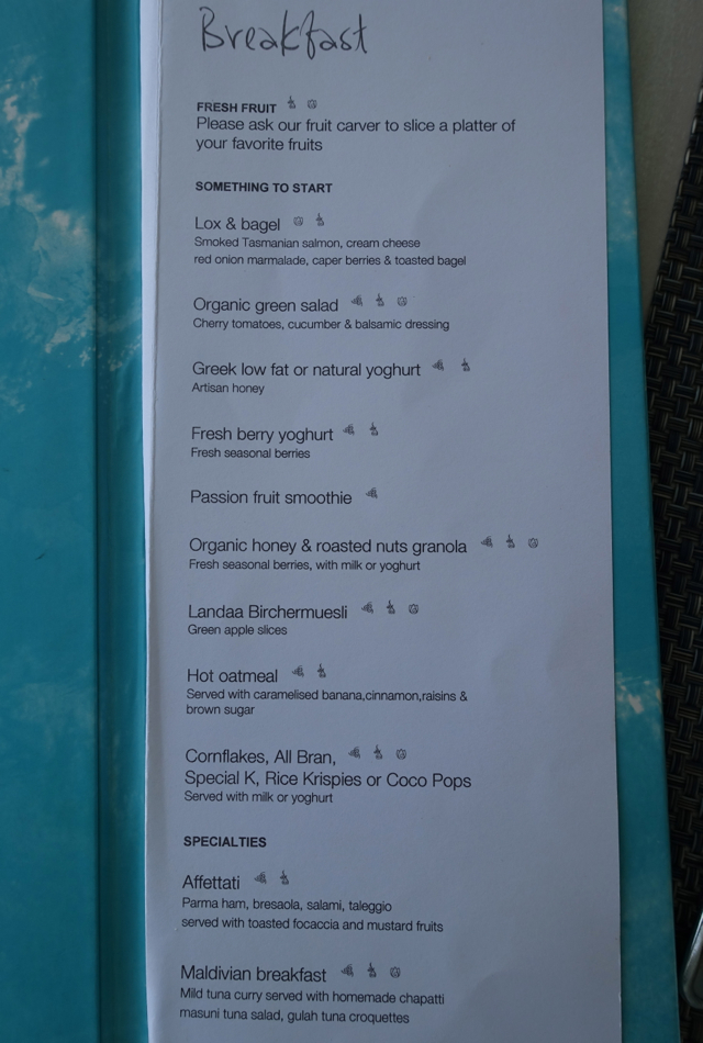 Blu Breakfast Menu, Four Seasons Maldives at Landaa Giraavaru