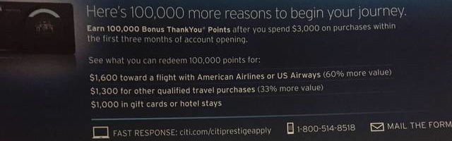 100K Citi Prestige Signup Bonus Offer