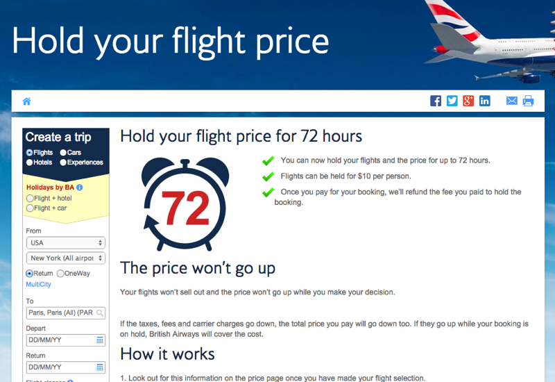 British Airways: New 72 Hour Flight Price Hold