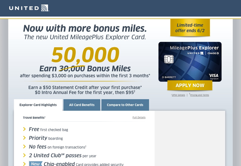 55K United MileagePlus Explorer Signup Bonus Offer with $50 Statement Credit