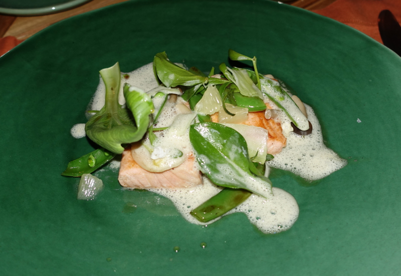 Tasmanian Salmon with Pea-Wasabi Emulsion, Fresh in the Garden