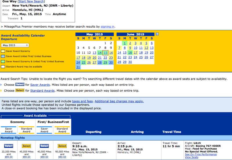 Current United Site Shows Saver Awards for Nonstop Flights