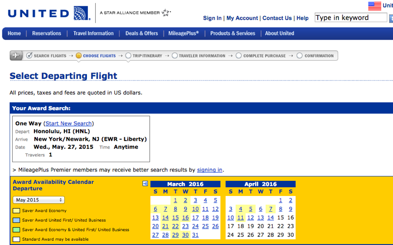 Current United Site Award Calendar Shows No Nonstop First Class Saver Award Space 