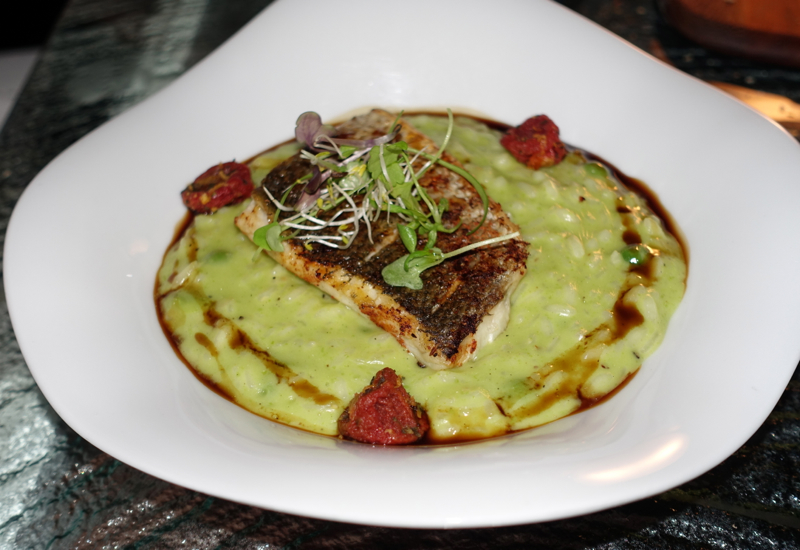 Pea and Fava Bean Risotto with Roast Seabass, Vilu Restaurant, Conrad Maldives