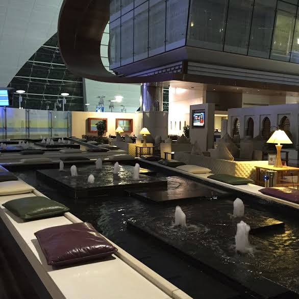 Emirates First Class Lounge Dubai Review-Seating by Fountain