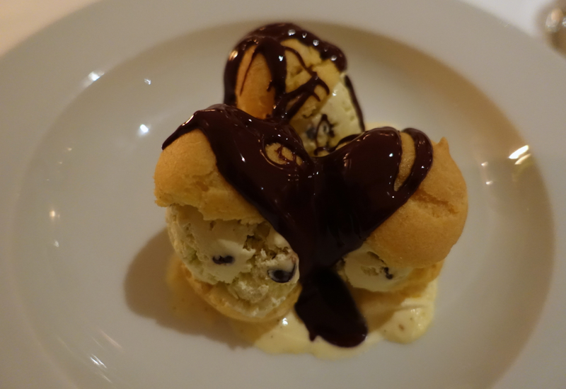 Profiteroles with Mint Chocolate Chip Ice Cream and Chocolate Sauce, Amantaka