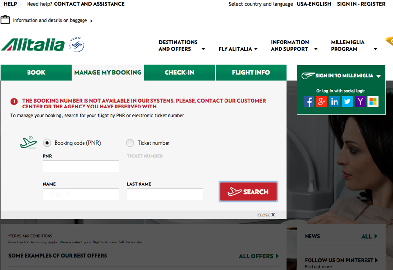 Alitalia: Worst Manage My Booking Functionality?