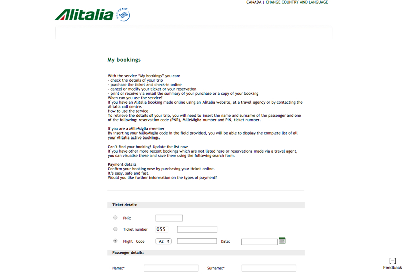 Alitalia: Worst Manage My Booking Online Functionality? 