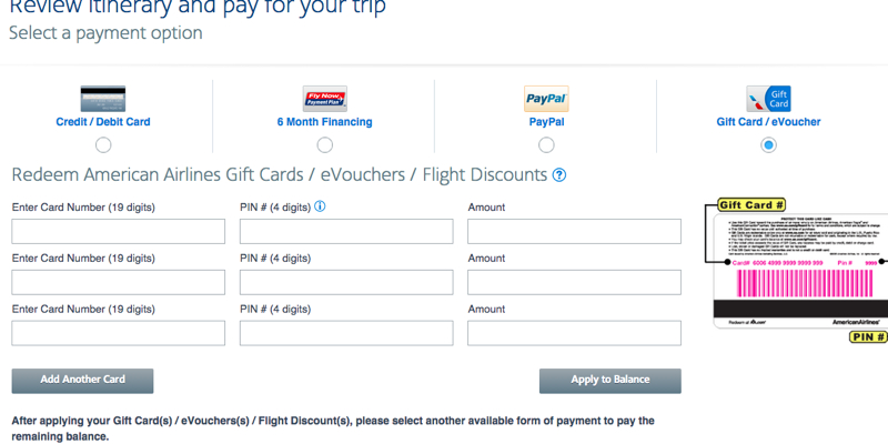 AA Tickets: Select the Gift Card Option to Pay