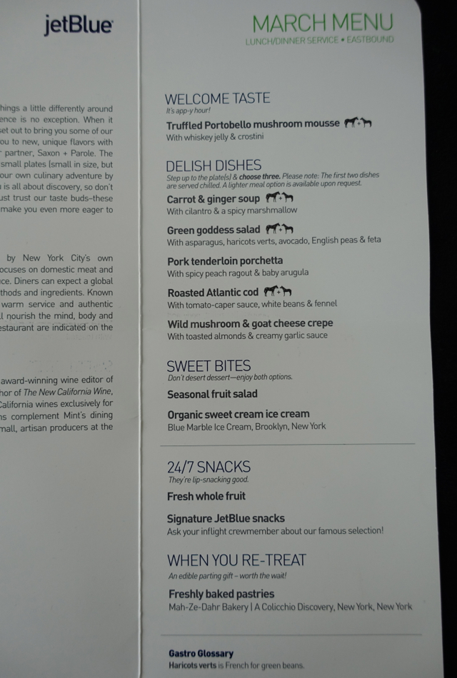 JetBlue Mint Lunch Menu