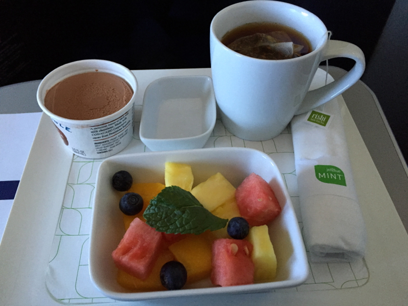 JetBlue Mint Dessert: Blue Marble Ice Cream and Fruit Salad