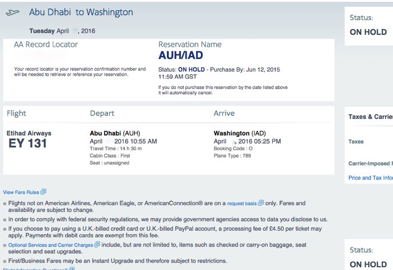 Etihad First Class AAdvantage Award Abu Dhabi to Washington Dulles