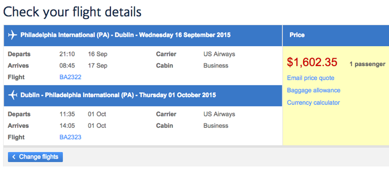 Business Class to Dublin with US Airways for $1600 